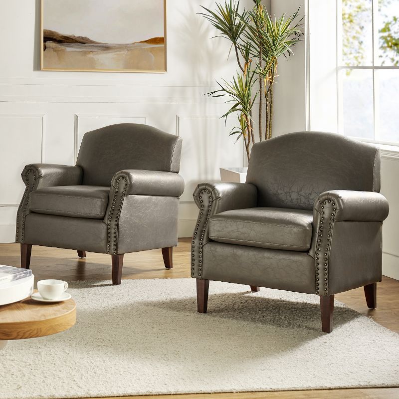Set of 2 Gianluigi Transitional Vegan Leather Armchair with Nailhead Trim for Bedroom and Living Room  | ARTFUL LIVING DESIGN, 1 of 11
