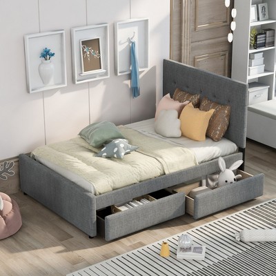 Full Size Upholstered Platform Bed With Headboard And Drawers, Gray ...