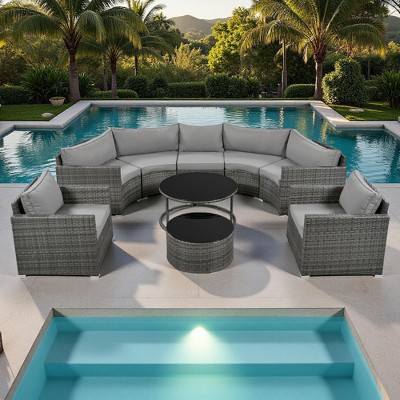 9-Piece Outdoor Patio Wicker Half-Moon Sectional Sofa Set with Nesting Coffee Table and 2 Armchair