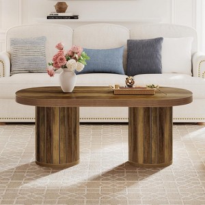Tribesigns Oval Fluted Coffee Table, 47.2" Farmhouse Wooden Center Table with Cylindrical Legs for Living Room, Office, Rustic Brown - 1 of 4