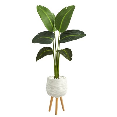 Nearly Natural 5-ft Traveler’s Palm Artificial Plant in White Planter with Stand (Real Touch)
