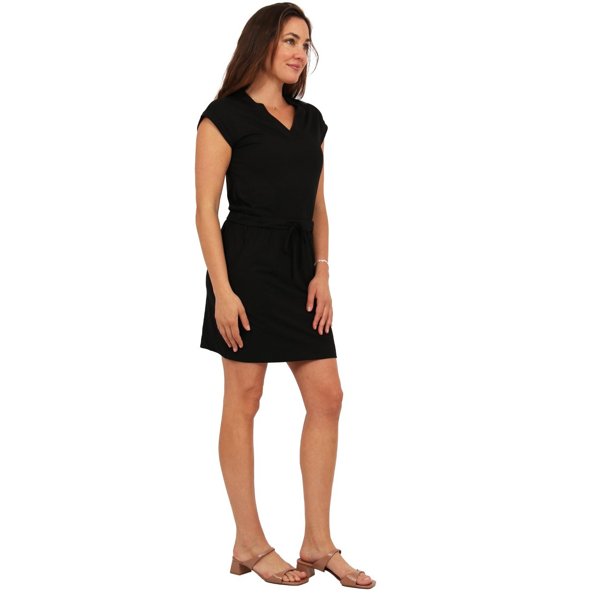 Женские платья 24seven Comfort Apparel 24seven Comfort Womens Essential Ribbed Knit V Neck Drawstring Waist Pocket Knee Length Dress — фото 2
