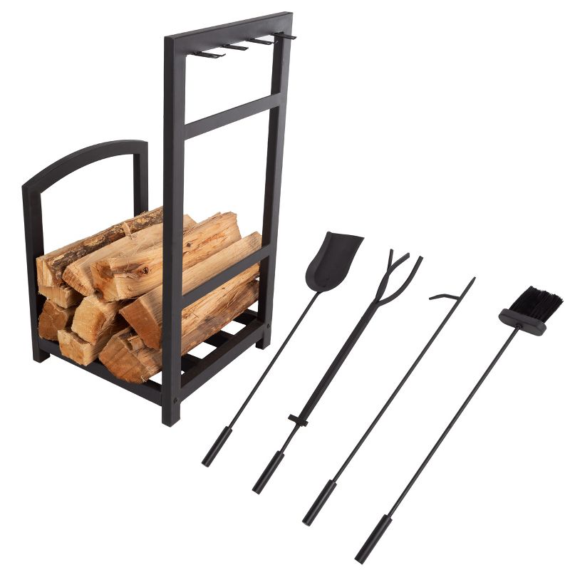 5-Piece Fireplace Tool Set and Log Rack - Mission-Style Firewood Holder with Shovel, Broom, Tongs, and Poker for Hearth by Lavish Home (Matte Black), 4 of 8