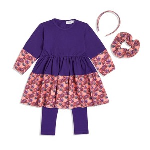 The Pink Picket Fence Louise Twirl Dress Set – Long Sleeve Dress with Matching Cotton Leggings, Scrunchie & Headband for Girls - 1 of 4