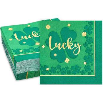 Sparkle and Bash 50 Pack St Patricks Green Four Leaf Clover-Themed Lucky Disposable Cocktail Paper Napkins