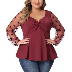 Agnes Orinda Women's Plus Size Heart Sheer Long Sleeve Mesh V Neck Peplum Blouse - 1 of 4