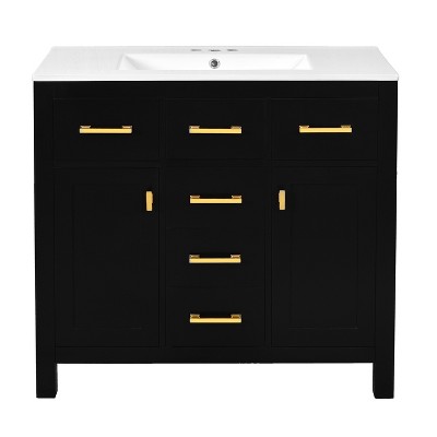 Vynxaria 36 inch Midnight Black Modern Freestanding Single Sink Bath Vanity with White Ceramic Top Four Full Extension Drawers Two Soft Close Doors