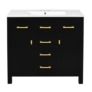 Vynxaria 36 inch Midnight Black Modern Freestanding Single Sink Bath Vanity with White Ceramic Top Four Full Extension Drawers Two Soft Close Doors - 1 of 4