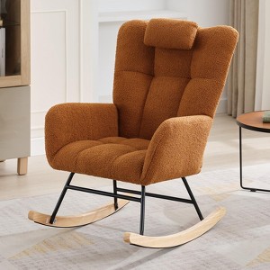 High Backrest Rocking Chair - 300lb Glider Chair with Wood Legs, Side Pockets, Teddy Upholstered Rocker, Padded Seat, for Living Room Bedroom Nursery - 1 of 4