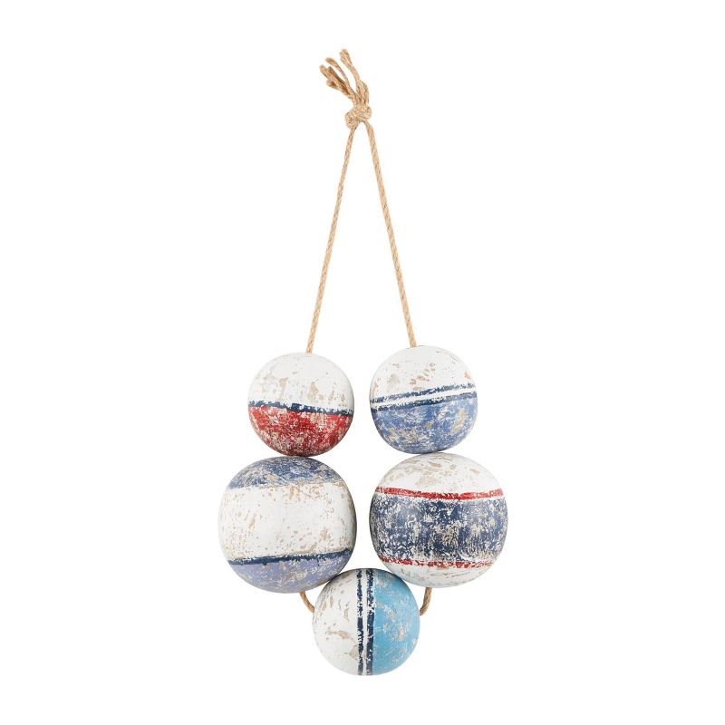 6&#34;x3&#34; Wood Buoy Handmade Distressed 5 Strung Wall Decor with Red and White Accents and Hanging Rope Blue - Olivia &#38; May, 1 of 8