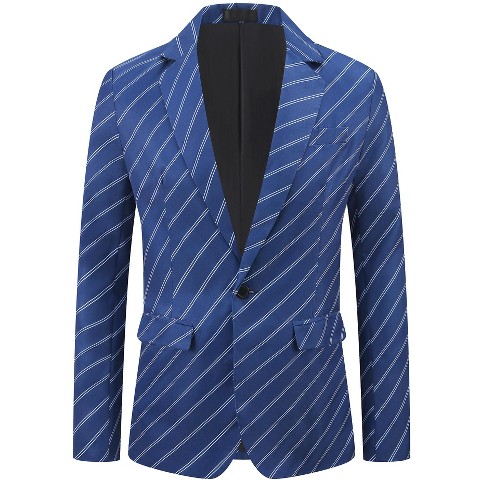 INSPIRE CHIC Men's Single Breasted Notch Lapel Business Stripes Pattern Blazer Dark Blue Large