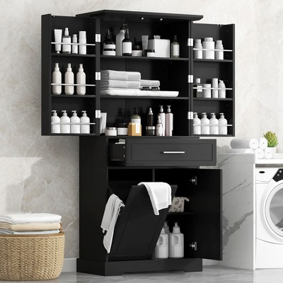 NicBex Tall&Wide Freestanding Bathroom Storage Cabinet,Versatile Storage Cabinet with 11 Adjustable Shelves,1 Drawer&1 Tilt-Out Hamper