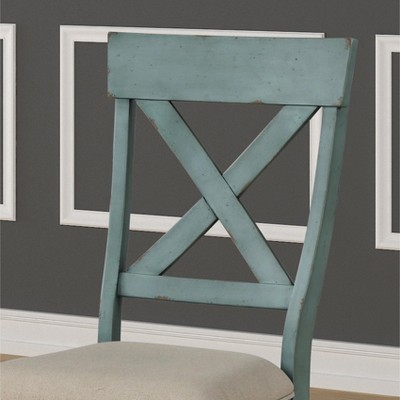 Antique Blue Cross Back Upholstered Wood Side Chair Set