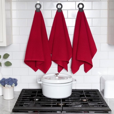 Paprika Red Cotton Terry Kitchen Towel Set with Rubber Hook