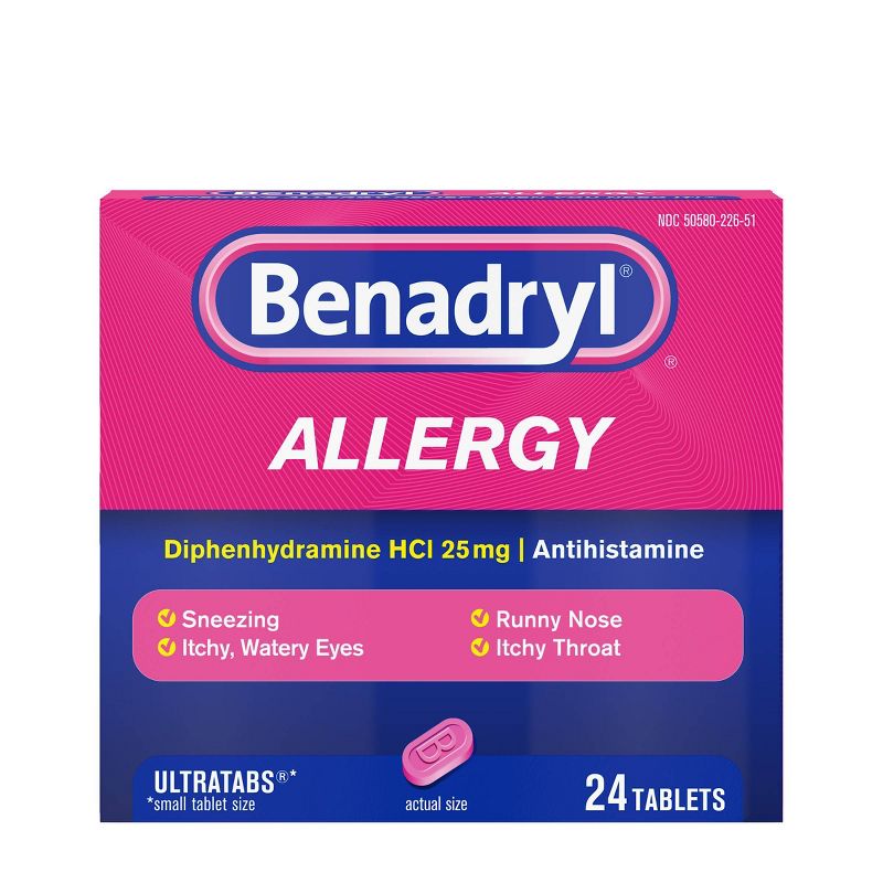 Benadryl Ultratabs Diphenhydramine Antihistamine Cold &#38; Allergy Relief Tablets - 24ct, 1 of 9