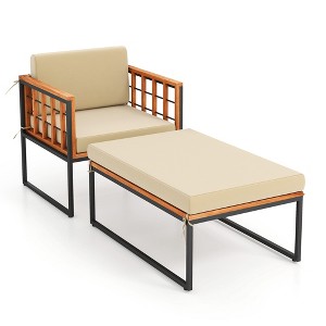 Costway 1/2 PCS Outdoor Furniture Set Patio Acacia Wood Armchair with Long Ottoman Cozy Seat - 1 of 4