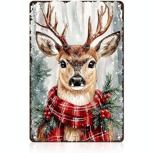 Lomsoe Christmas Deer Winter Snow Tin Sign Watercolor Plaid Scarf Reindeer Metal Sign For Home Wall Decor Rustic Holiday Christmas Decor 8x12inch - 1 of 1