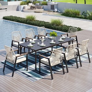Captiva Designs 9pc Outdoor Patio Rectangle Black Metal Table & Beige Rattan Cushioned Chairs - 1 of 4