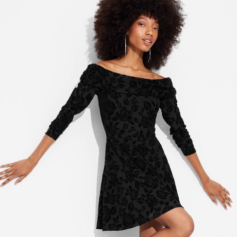 Long sleeve fit and flare black dress best sale