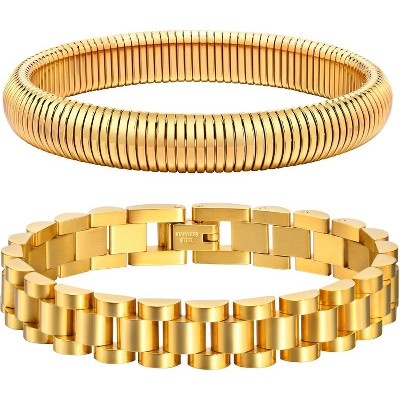 2pcs Gold Chain Link Bracelet, Stainless Steel Crystal Friendship Bracelets Bangle,Watch Band Chains Wristband