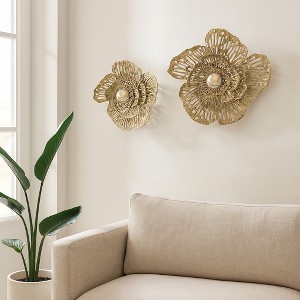 Flowers Wall Art with Openwork Design - Artistic Home Decor Accent Perfect for Bedroom, Room, and Bathroom Wall Art Decor - Set of 2, 18", Gold - 1 of 4