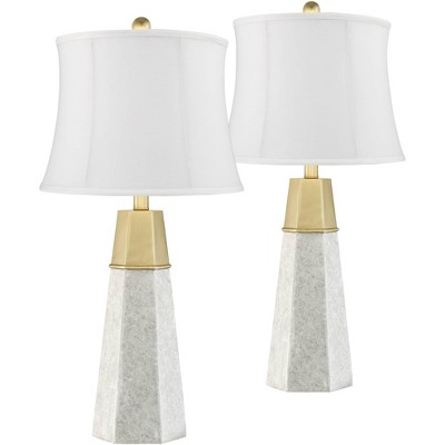 360 Lighting Mid Century Modern Table Lamps Set of 2 Faux Marble Gold Column Cream Softback Drum Shade Living Room Bedroom House