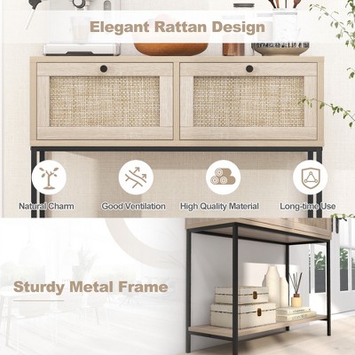 Natural Wood and Rattan Console Table with Metal Frame