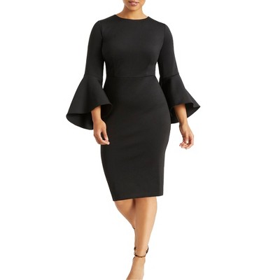 ELOQUII Women's Plus Size Flare Sleeve Scuba Dress - 24, Black