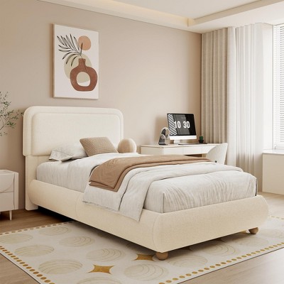 Brafab Twin Boucle Bed Frame, Upholstered Cloud Bed Frame with Headboard, Rounded Corners Design & Easy Assembly
