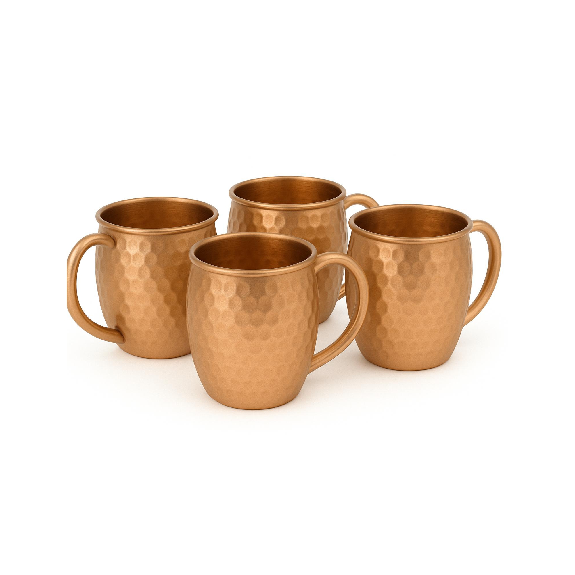 Modern Home Handmade 16oz Solid Copper Mule Mug – Barrel Shaped Mug with Copper Handle & Hammered Texture (Set of 4)