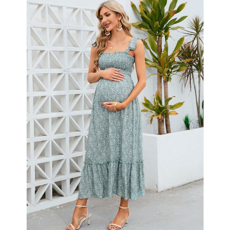 Women's Maternity Smocked Summer Dress Boho Casual Spaghetti Strap Square Neck Sleeveless Maxi Dress Baby Shower, 2 of 8