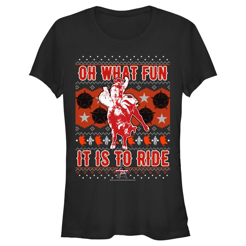 Juniors Womens Professional Bull Riders Oh What Fun it is to Ride Sweater Print T-Shirt, 1 of 5