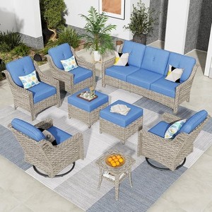 XIZZI 8 Pieces Wicker Sofa with Cushion, Swivel Rocking Chairs, High Back Rattan Chairs and Ottomans, 9 Seats Conversation Set for Backyard - 1 of 4