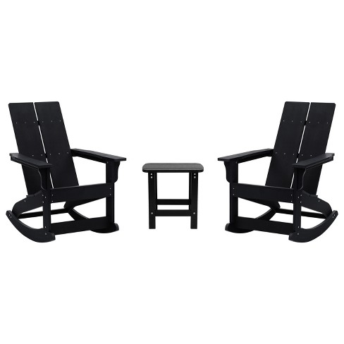 Merrick Lane 3 Piece Patio Furniture Set Includes Black All Weather UV Treated Adirondack Rocking Chairs and Side Table