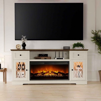 Vipbear Fireplace TV Stand Storage Cabinet for 80 Inch TV, Farmhouse Entertainment Center with 36" Fireplace & LED Lights