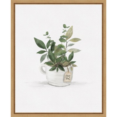 Botanical Mug I Green Leaves on White Canvas with Maple Frame