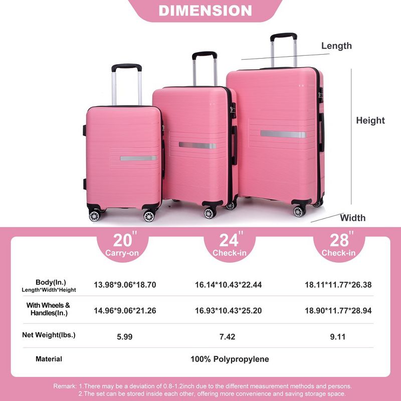 Luggage 3 Piece Set(20"/24"/28"), Hardshell Suitcase With Double Mute Spinner Wheels, TSA Lock, 2 of 6