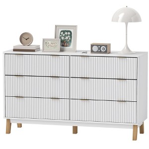 Yukimo 53.9" White 6-Drawer Dresser, Fluted Chest of Drawers with Gold Finger Pulls and Wood Legs for Bedroom - 1 of 4