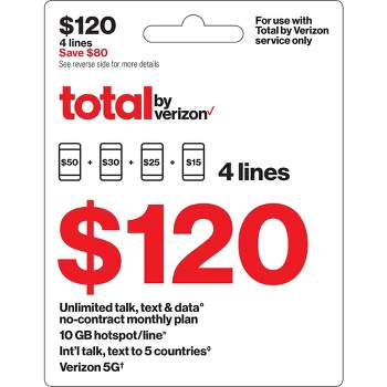 Total by Verizon $120 Unlimited Talk, Text & Data 4-Device No Contract Monthly Plan (Email Delivery)