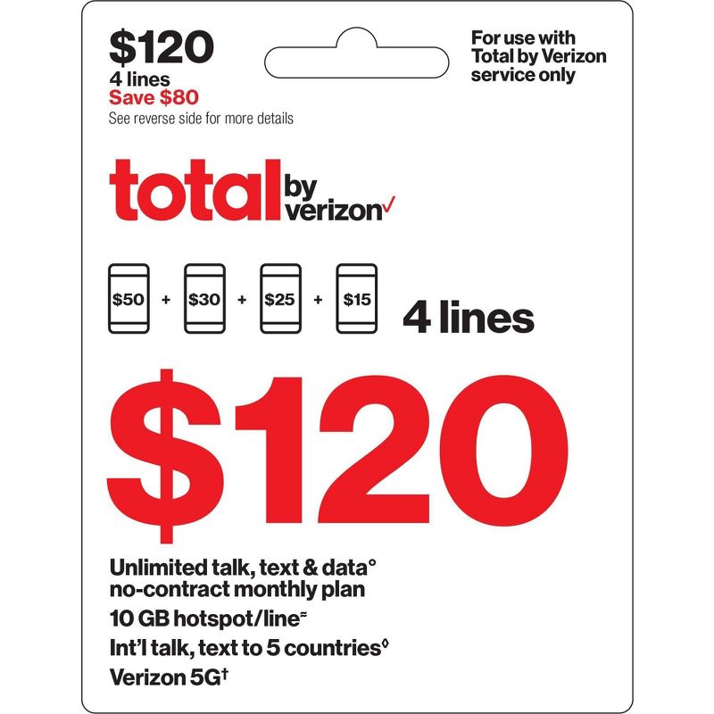 Total by Verizon $120 Unlimited Talk, Text &#38; Data 4-Device No Contract Monthly Plan (Email Delivery), 1 of 3