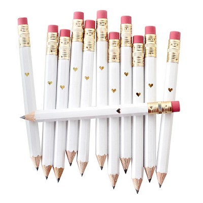 12ct Mini Foil Heart Party Pencils White/Gold