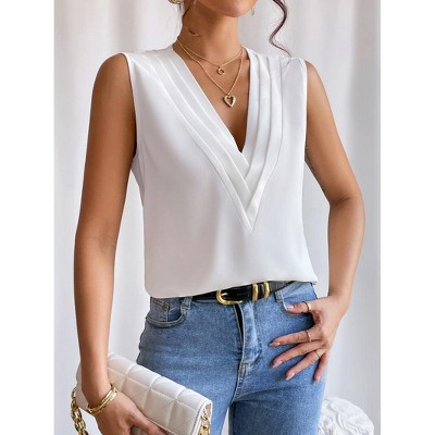 Womens Tank Tops Deep V Neck Blouse Pleated Business Office Tops Sleeveless Formal Tops Elegant Vest