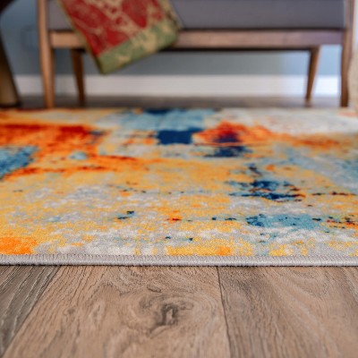 Large Blue and Orange Abstract Synthetic Area Rug