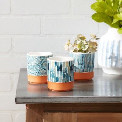 Blue and Terracotta Dolomite Mini Planters Set of 3