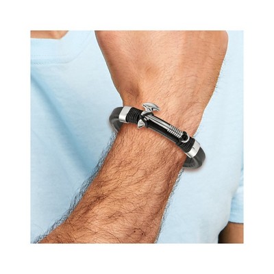 Chisel Stainless Steel Polished Hatchet Black Leather 8.5" Bracelet