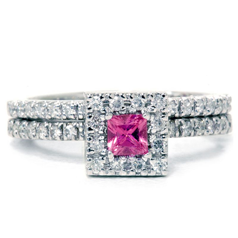 Pompeii3 5/8ct Princess Cut Pink Sapphire & Diamond Engagement Wedding Ring Set 14K White Gold, 1 of 5