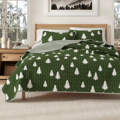 Reversible Olive Green Printed Quilt Set with Shams - Great Bay Home