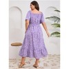 Clearlove Womens Plus Size Square Neck Floral Print Summer Dress Ruffle Short Sleeve Tie Front Slit Hem Boho Maxi Dress - 4 of 4