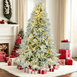 Yukimo 6FT Pre-Lit Spruce Snow Flocked Christmas Tree, Artificial Hinged Xmas Tree, Holiday Office Home Décor - 1 of 4