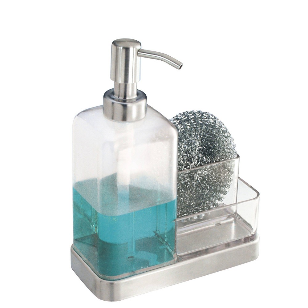 iDESIGN Forma Kitchen Countertop Soap Dispenser Pump Sponge Scrubby Organizer Clear/Brushed Stainless